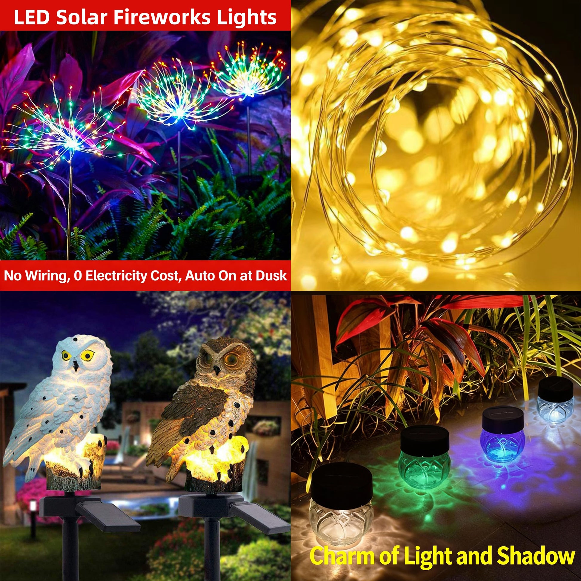 4pcs Solar 90LED Starburst String Lights 8-Mode Remote Fairy Tale Lights / Multi-Color,32m Solar Copper Wire Fairy Lights / Multi-Color,1pcs Solar-Powered Owl Lamps with Auto On/Off / Warm white,2pcs solar glass Lotus light / Multi-Color