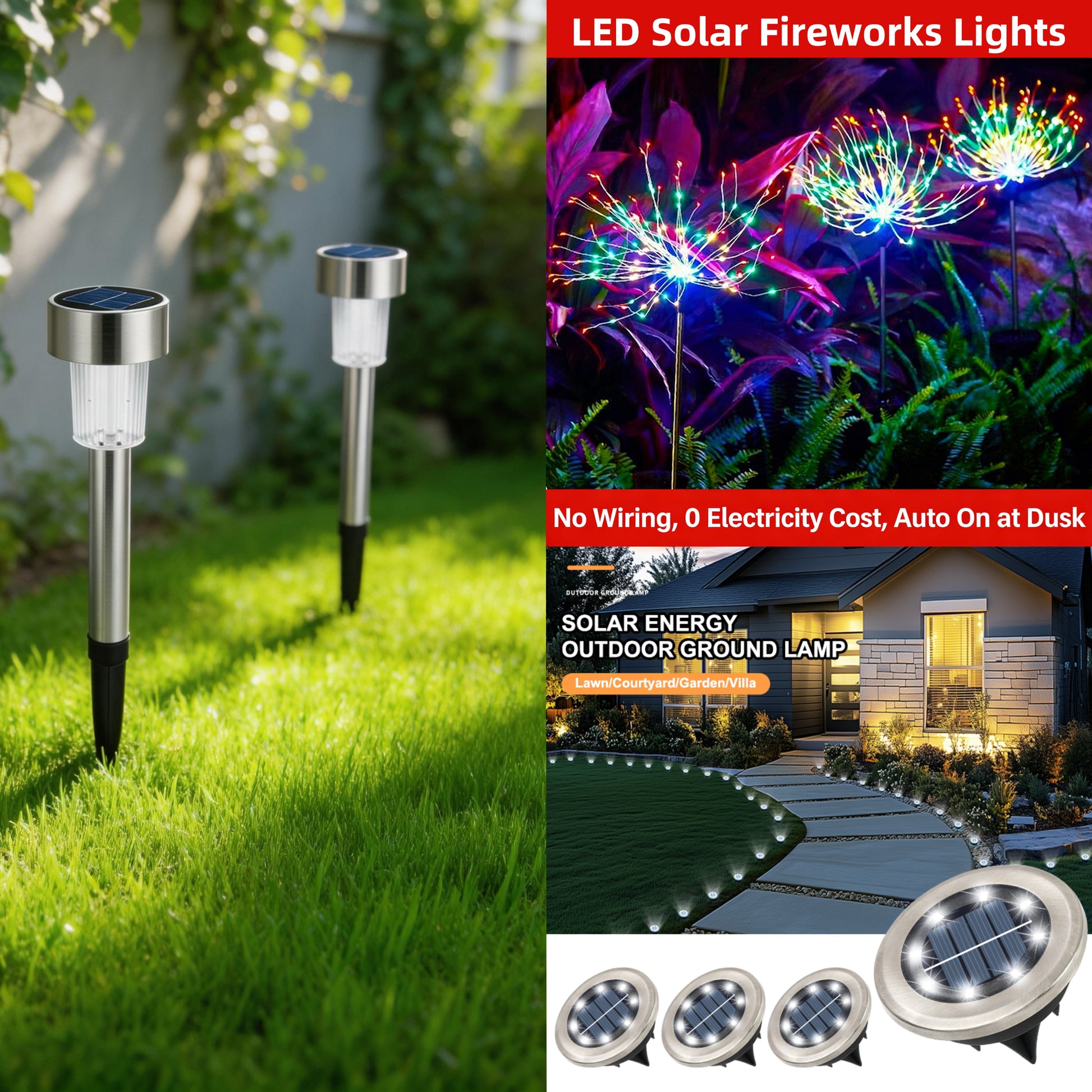 8pcs Solar Buried Lights,12pcs solar outdoor LED stainless steel stick lights,4pcs Multi-Color 90LED Starburst String Light