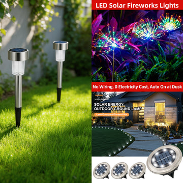 8pcs Solar Buried Lights,12pcs solar outdoor LED stainless steel stick lights,4pcs Multi-Color 90LED Starburst String Light