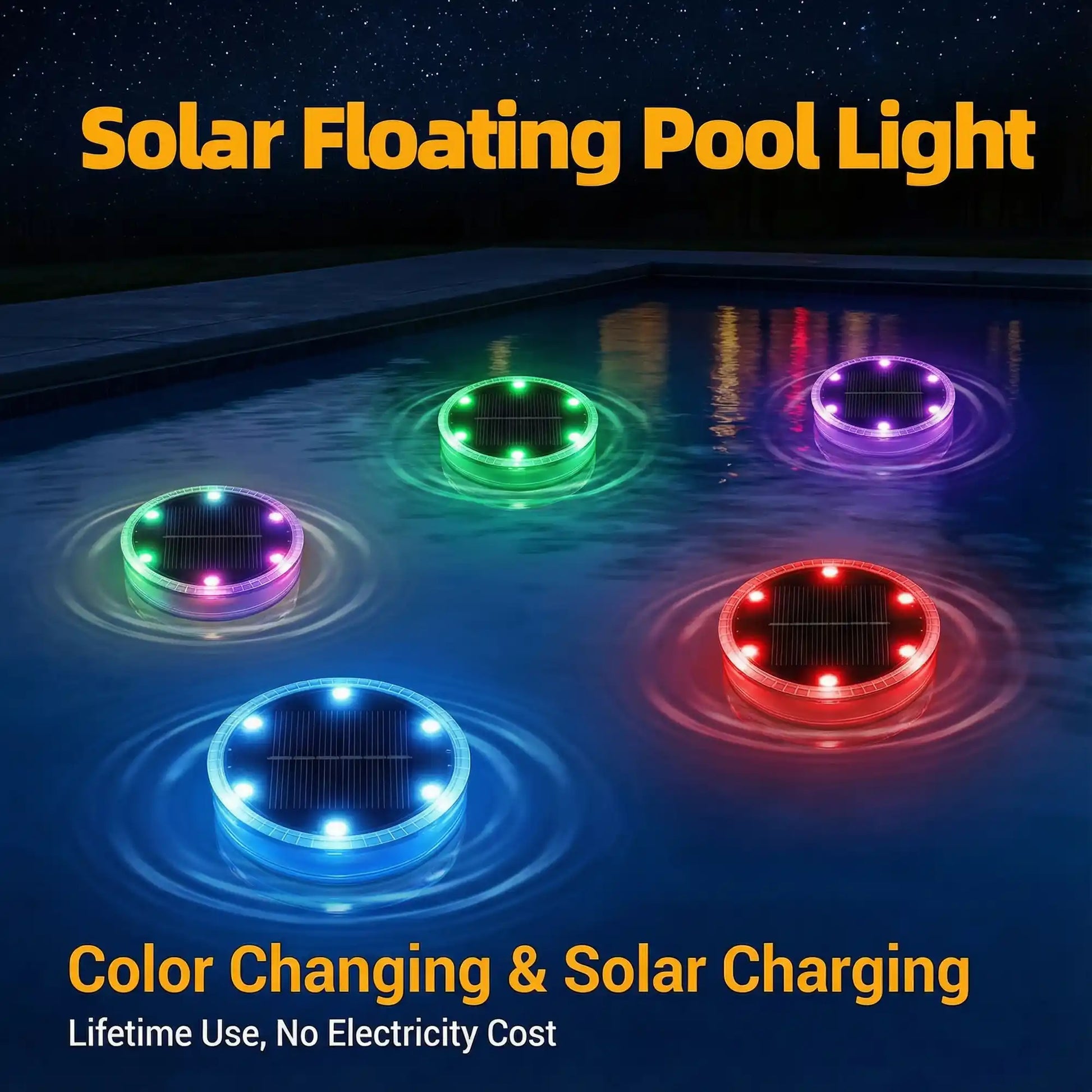 floating solar pool lights, LED close-up at night