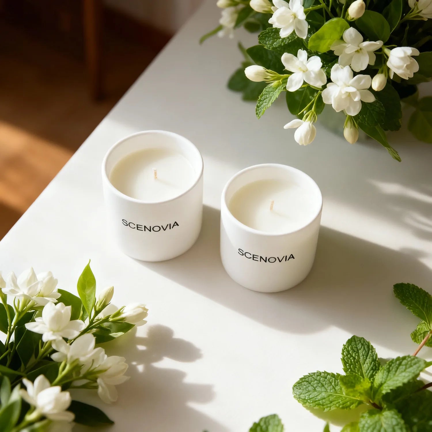 White Jasmine And Mint Luxury Scented Candle Set of 2 by SCENOVIA