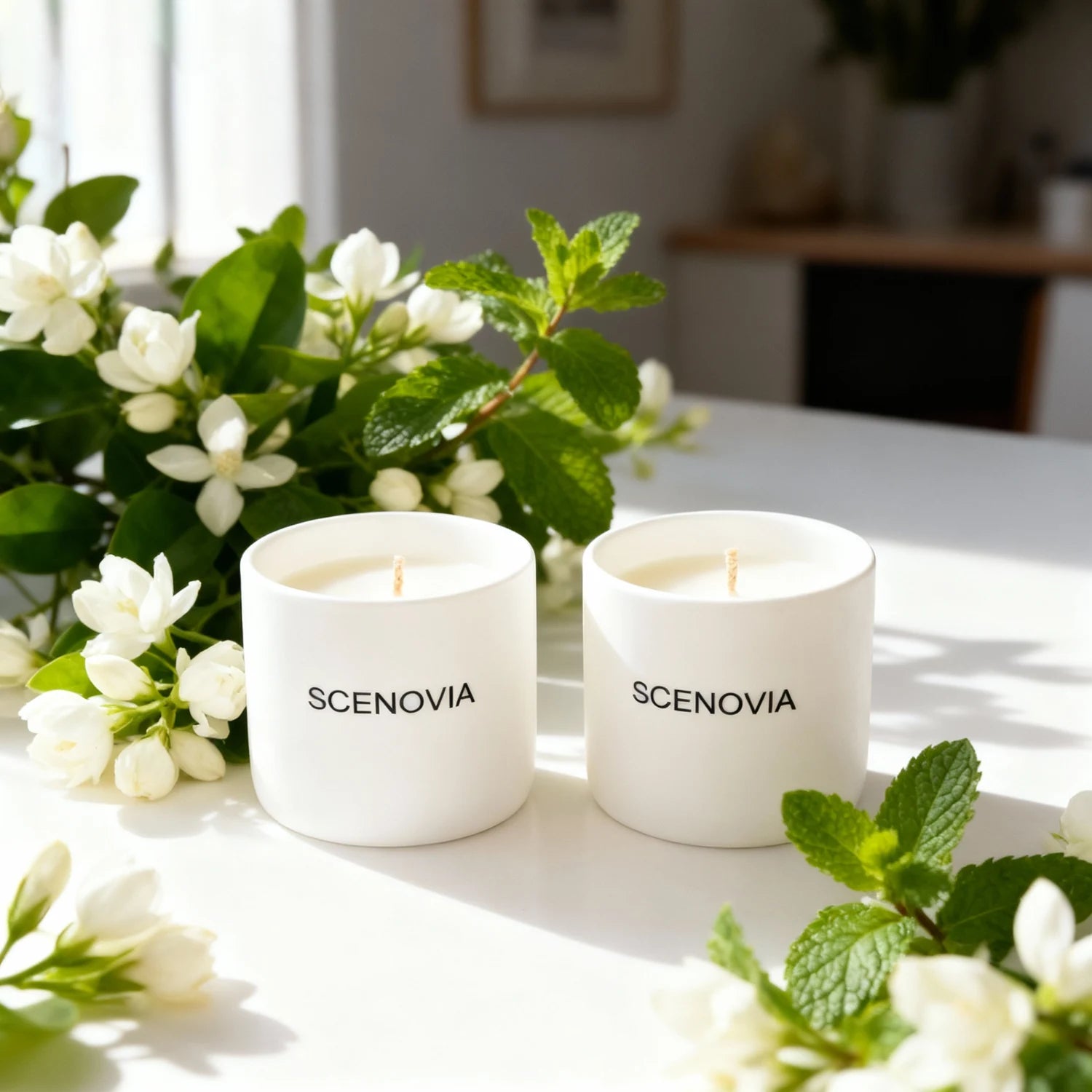 SCENOVIA White Jasmine And Mint Aromatherapy Scented Candle with Essential Oils