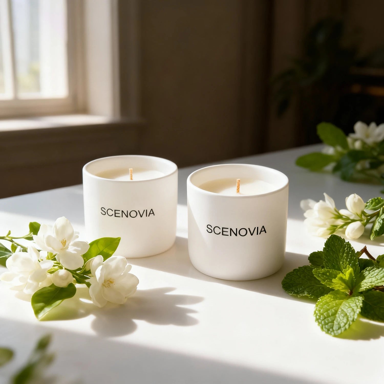 White Jasmine And Mint Hand-poured Premium Fragrance Candle - Set of 2 by SCENOVIA