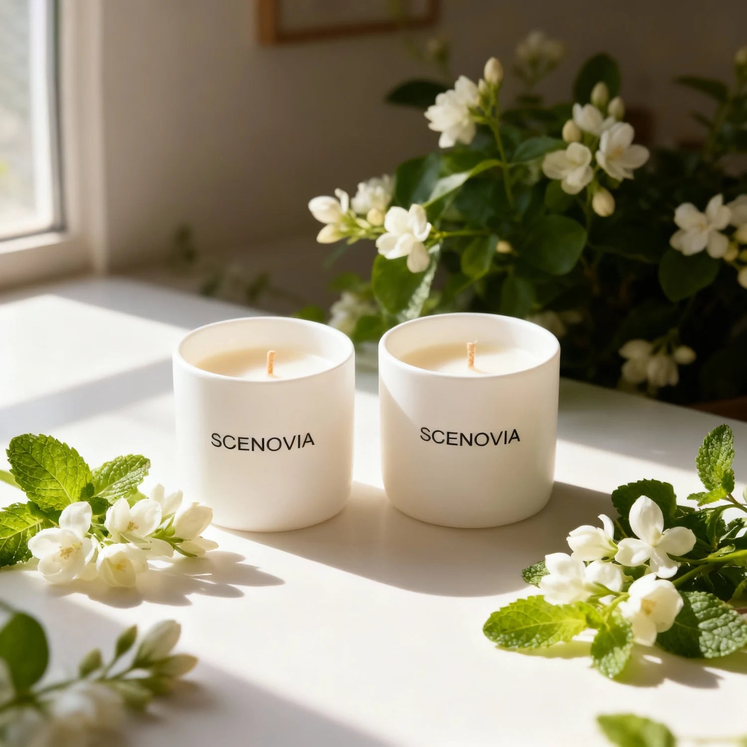 SCENOVIA White Jasmine And Mint Elegant Home Fragrance Scented Candle