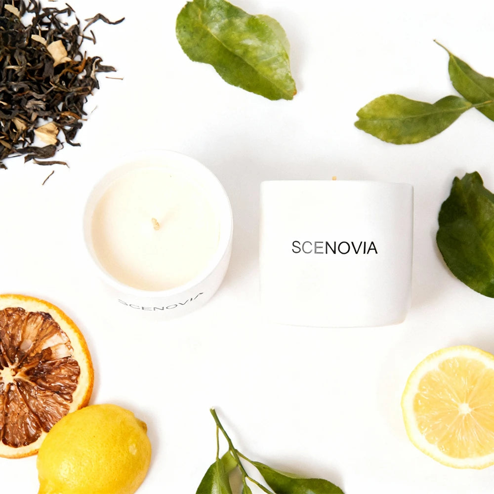 SCENOVIA White Tea Happy Long-lasting Scented Candle for Stress Relief