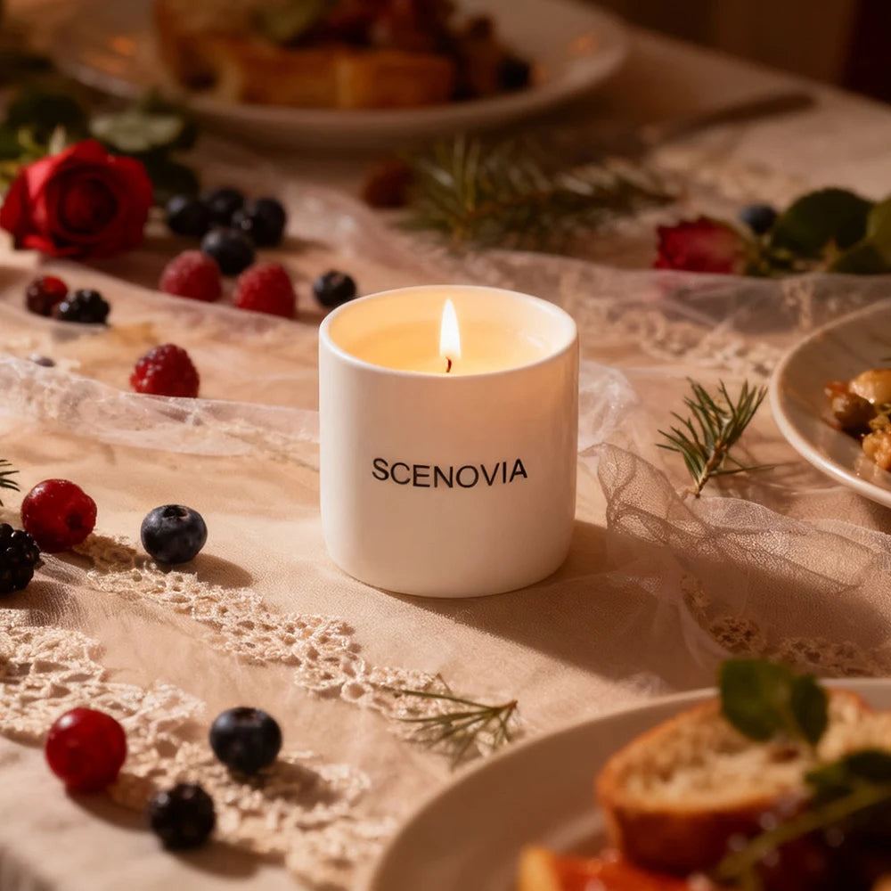 Berry Rose scented candle, lit candle close-up