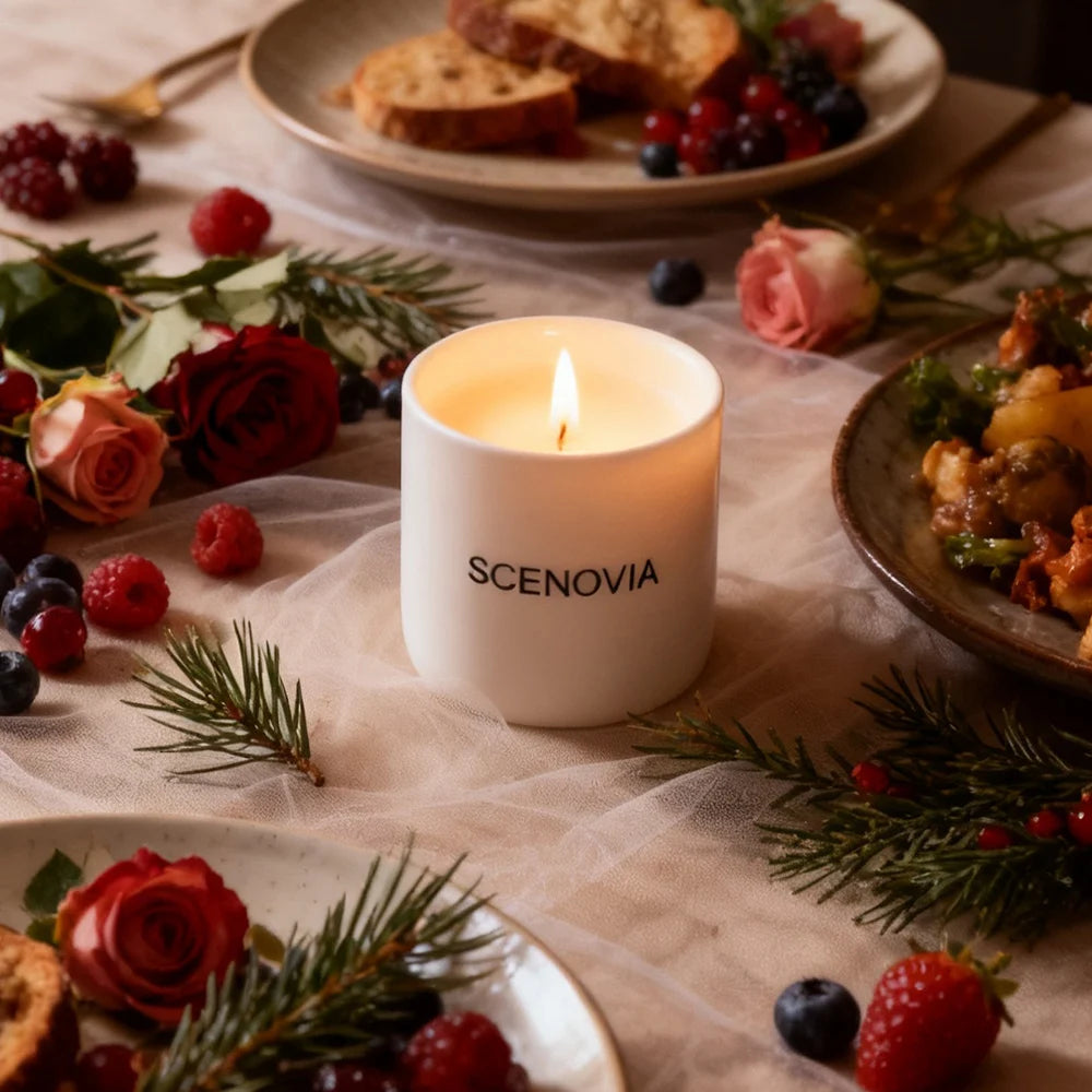 Berry Rose scented candle, sunlit windowsill