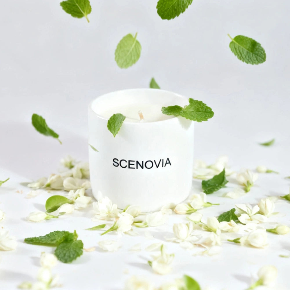 White Jasmine & Mint scented candle, with fresh florals