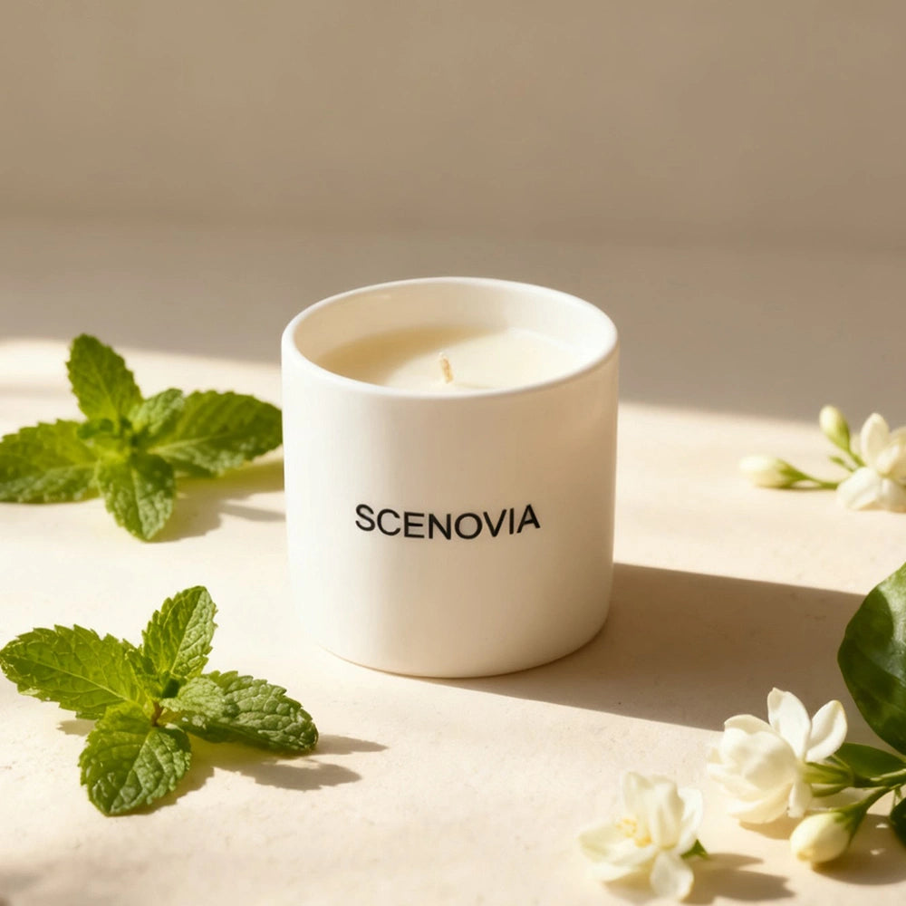 White Jasmine & Mint scented candle, melted wax top view