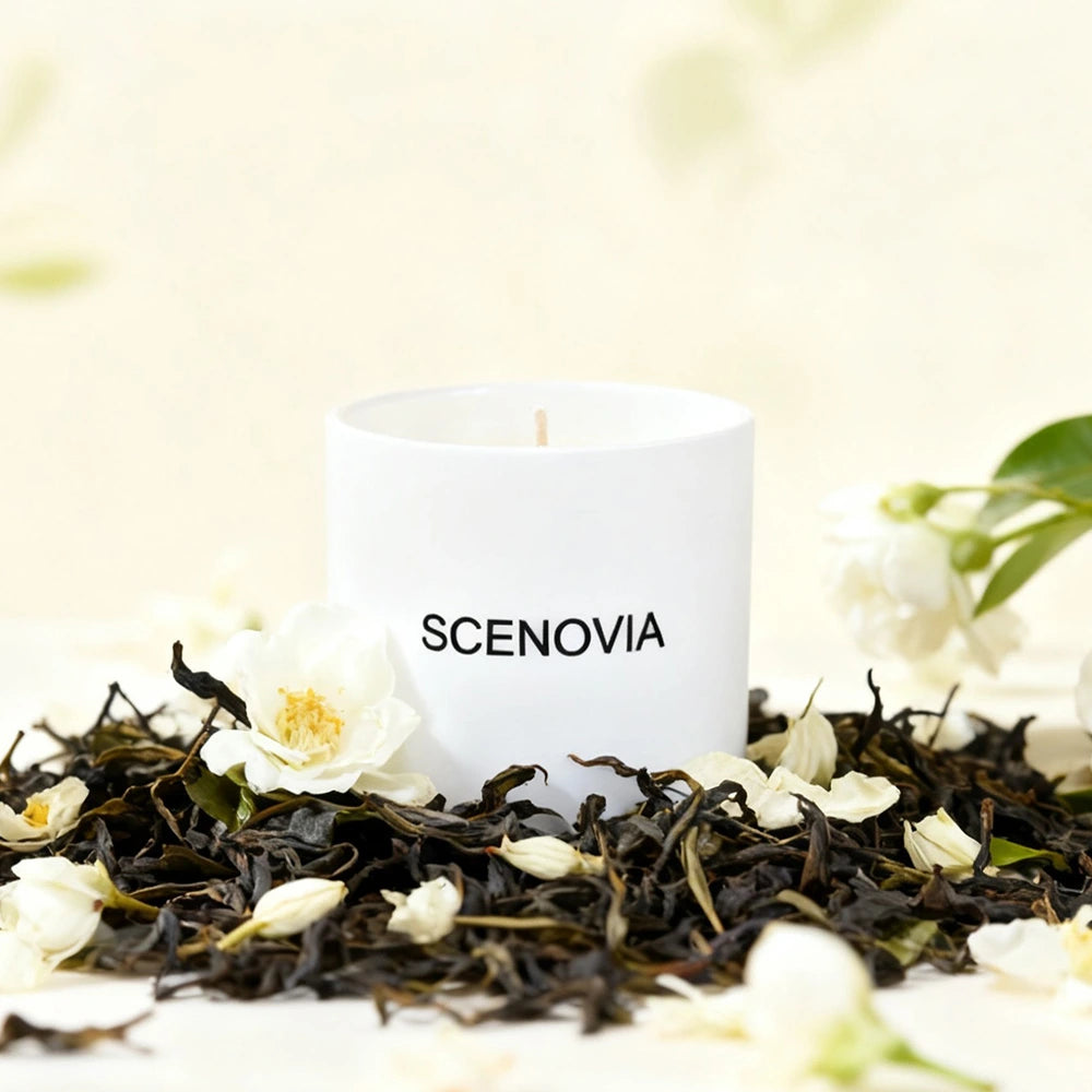 White Tea Happy scented candle, lit candle close-up