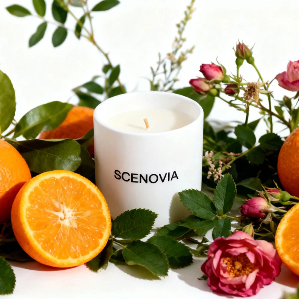 White Waiting scented candle, with fresh florals