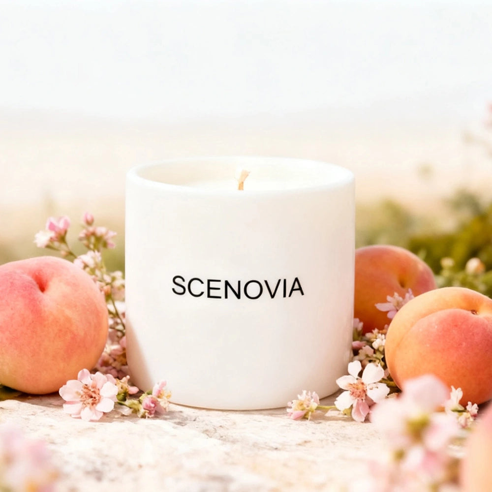 Wild Peach Bush scented candle, sunlit windowsill