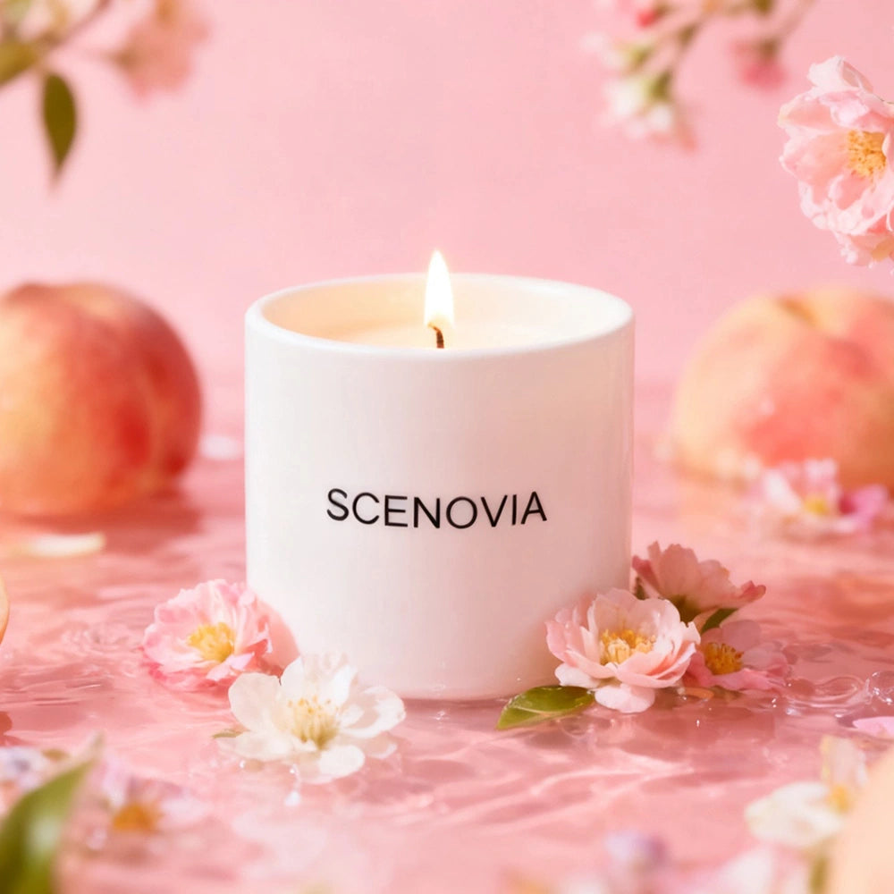 Wild Peach Bush scented candle, with fresh florals