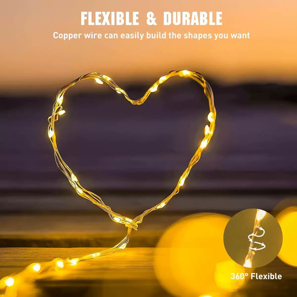 solar copper wire string lights, garden landscape, dusk
