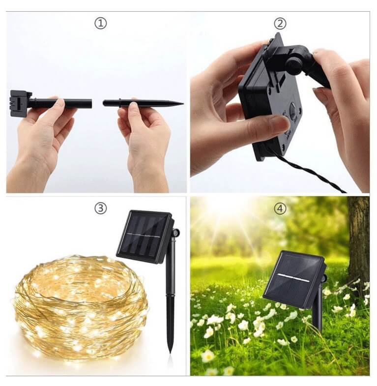 solar copper wire string lights, outdoor setup,install