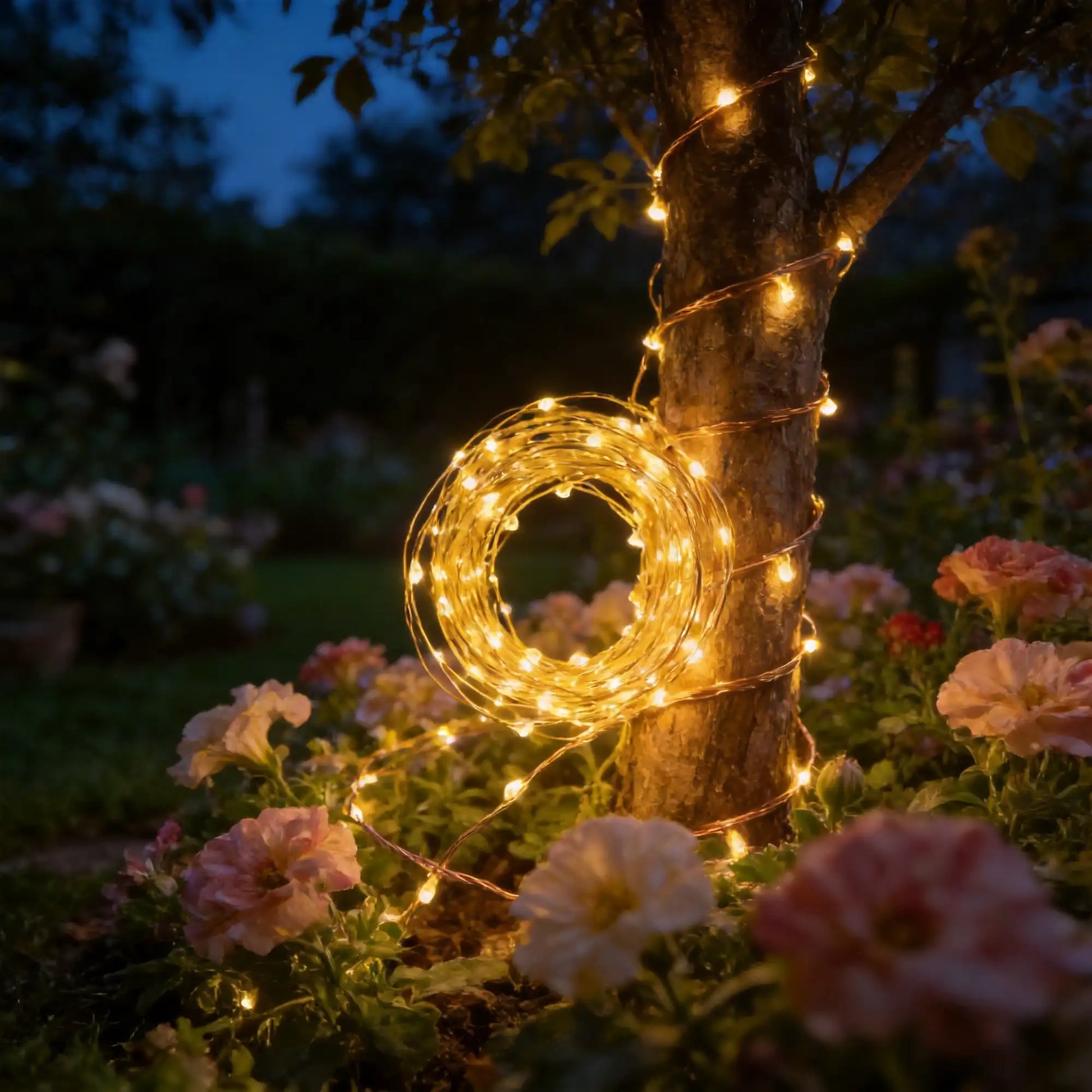 solar copper wire string lights, white picket fence