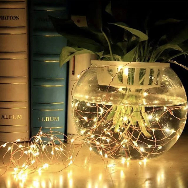 solar copper wire string lights, outdoor dining setup