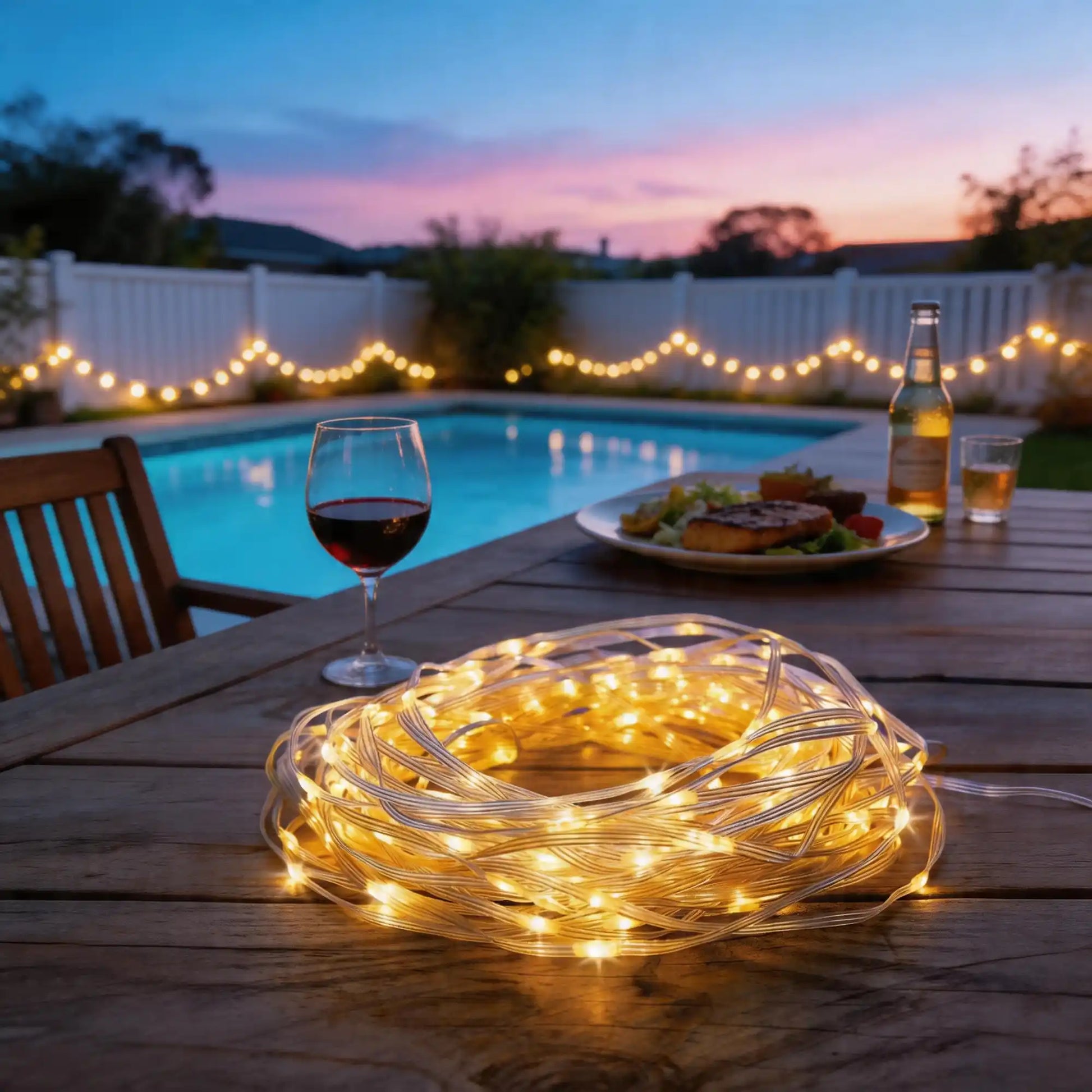 solar garden rope lights, white picket fence
