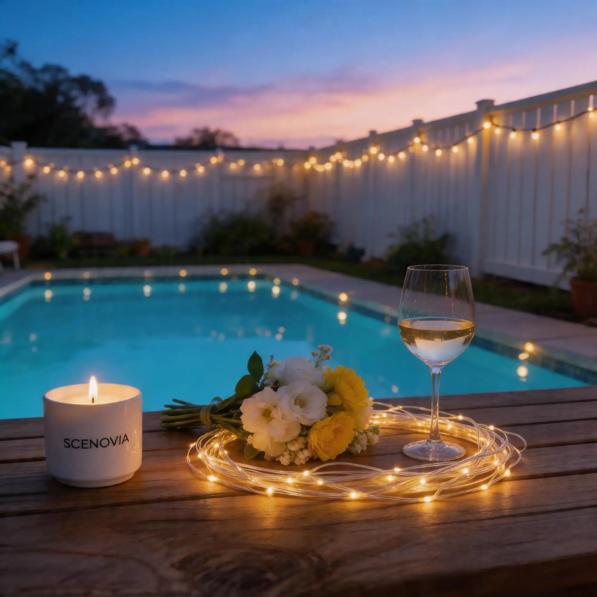 solar garden rope lights, with potted plants