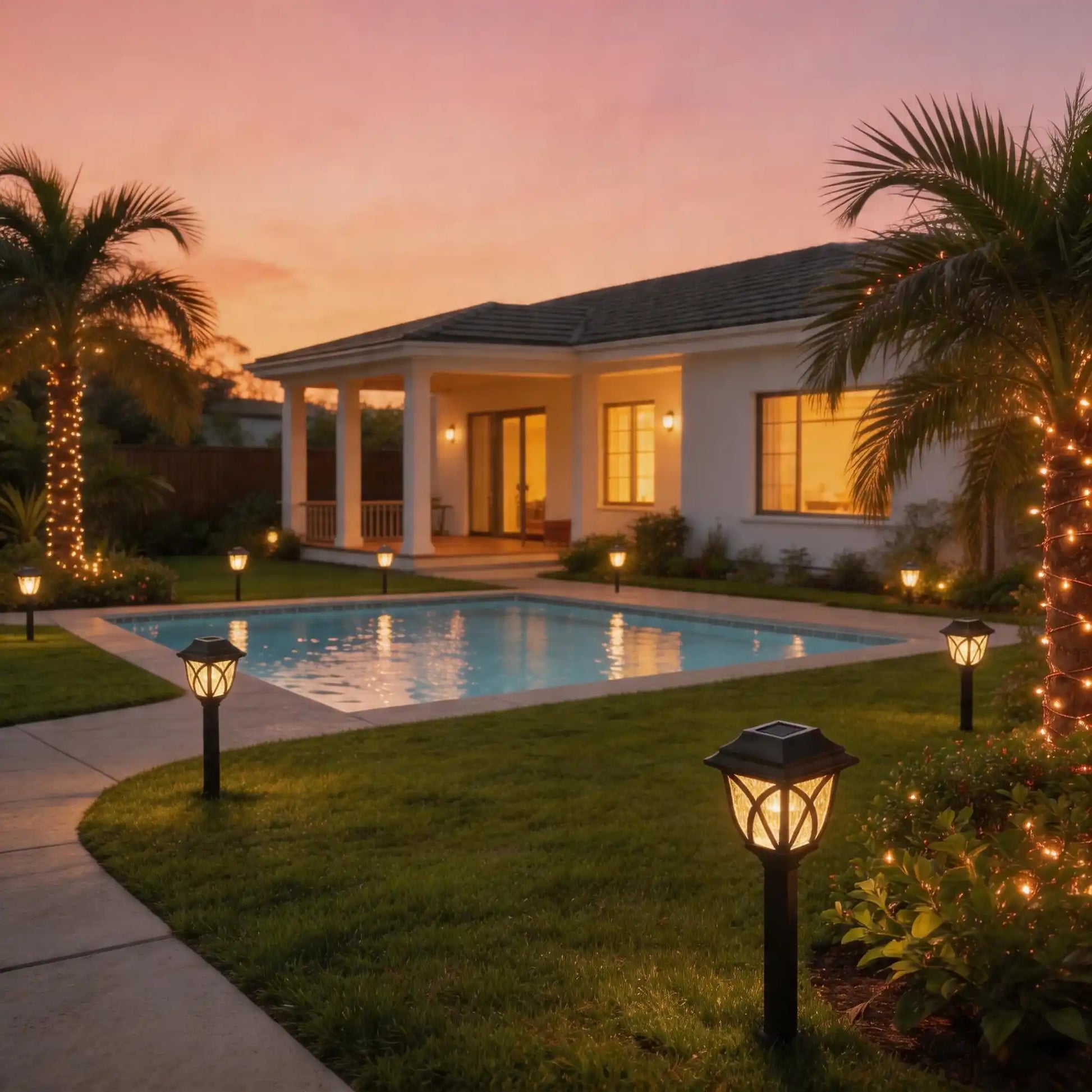 solar landscape lights, garden landscape, dusk