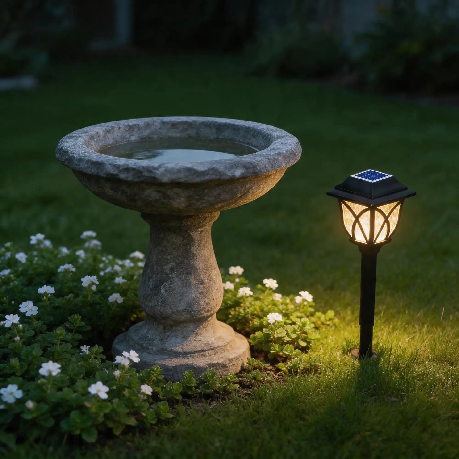 solar landscape lights, with potted plants