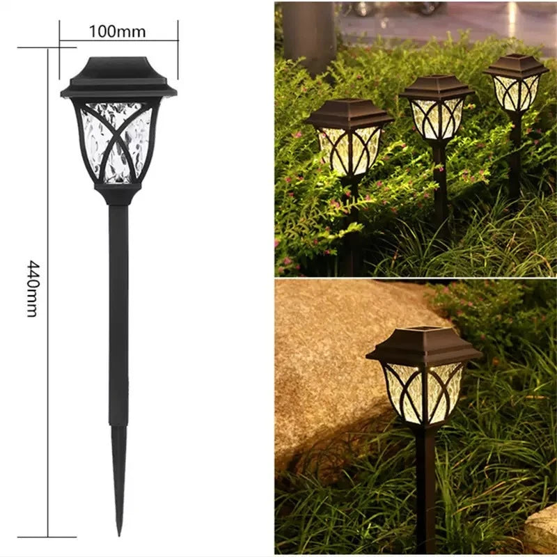 solar landscape lights, white picket fence