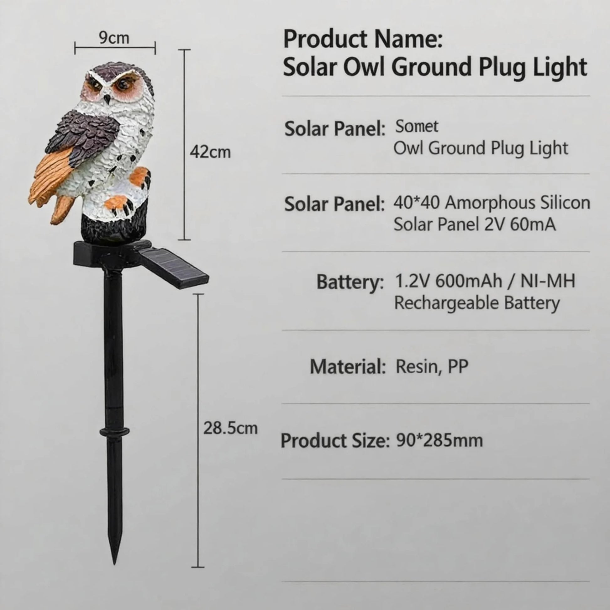 solar owl garden lamps, LED close-up at night