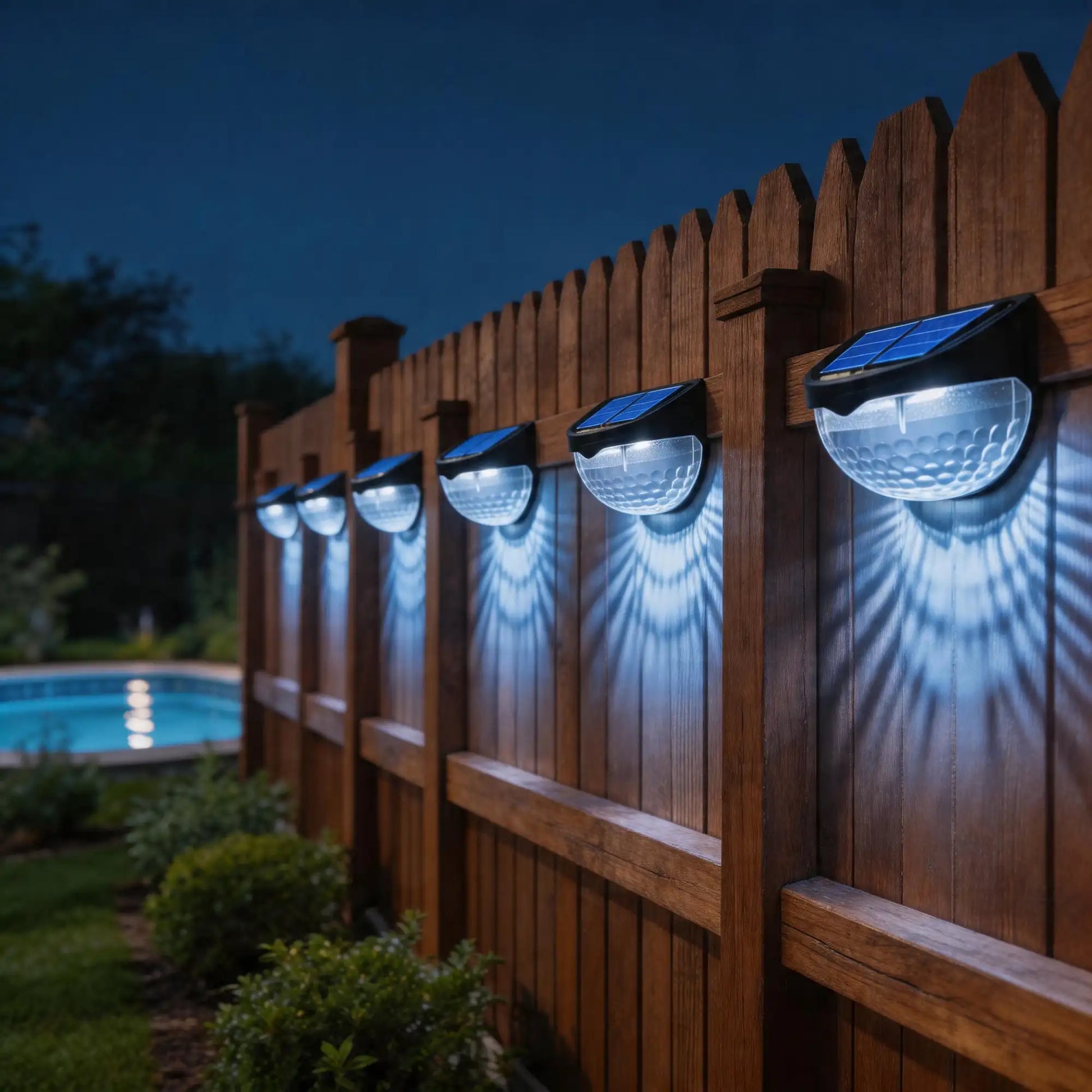 solar semi-circular outdoor lights, LED close-up at night