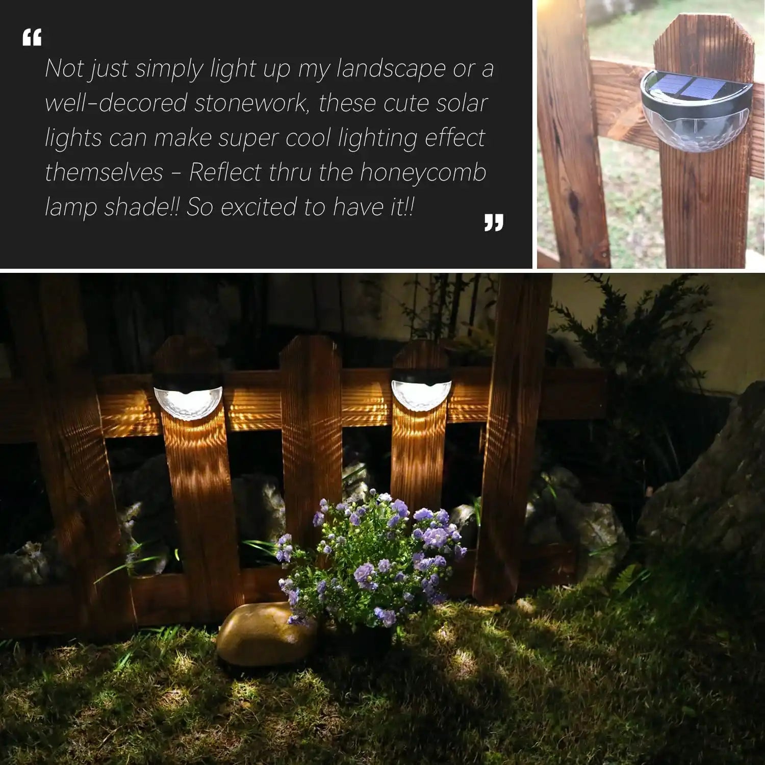solar semi-circular outdoor lights, garden landscape, dusk
